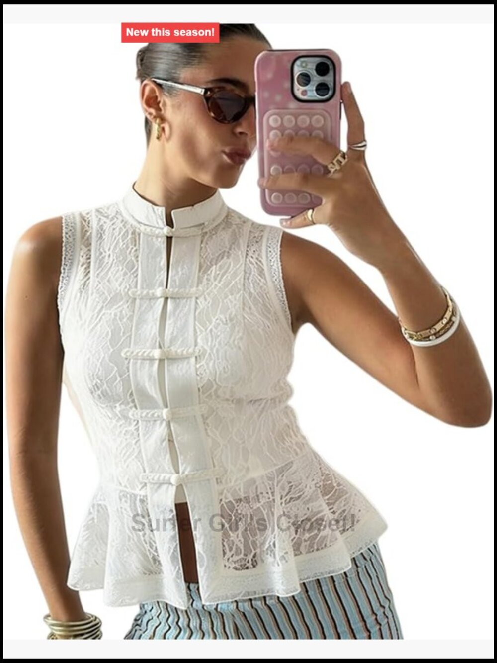Sheer Lace Mandarin Collar Tank Top Sleeveless Cheongsam Elegant Going Out Top
